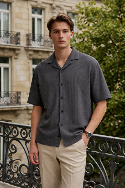 DAMGA JEANS Men's Trend Relax Fit Black Linen Shirt