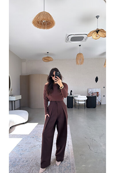Buket Teke Brown Closed Pleated Fabric Trousers