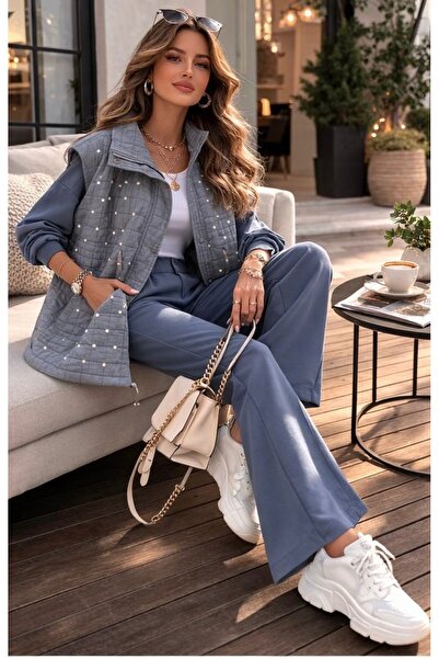 MODA Kadın Kapitone Taşlı Fermuarlı Çift Cepli Dik Yaka Yelek