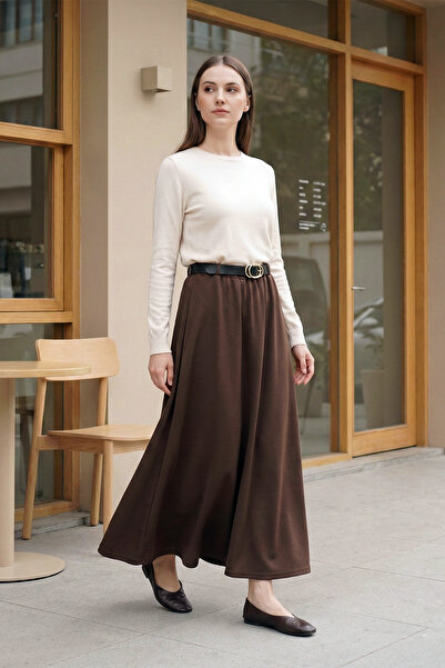MODAQU Relaxed Cut Brown Skirt with Elastic Belt