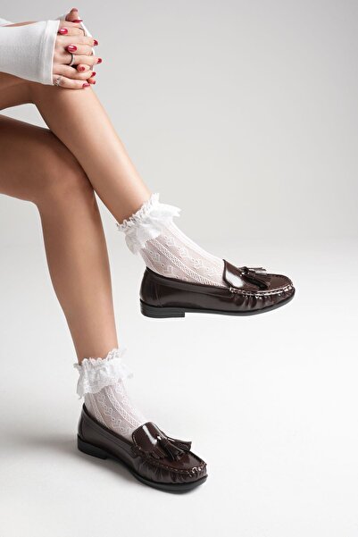 Mulini Acı Kahve Rugan Püsküllü Kadın Loafer Ayakkabı TR88MS01B