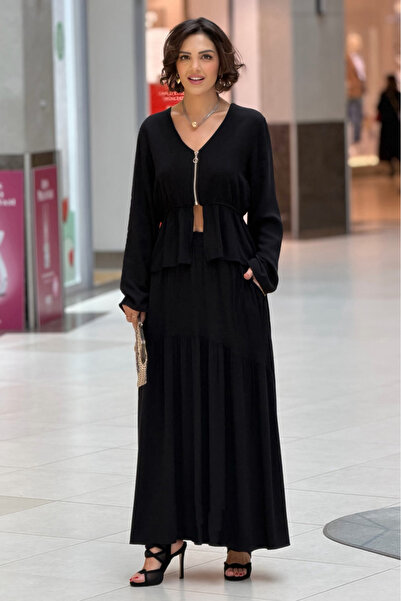 Nevin Kaya Moda Black Color Zippered Bella Skirt Blouse Set