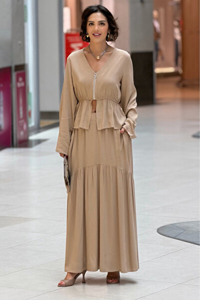 Nevin Kaya Moda Cream Color Zippered Bella Skirt Blouse Set