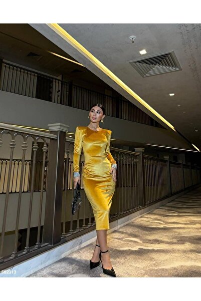 Modafeminen Yellow velvet midi length evening dress 582313