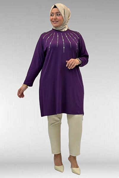 Eslina 68002 Büyük Beden Önü Güneş Parıltılı Taş Baskılı Penye Tunik - Mürdüm