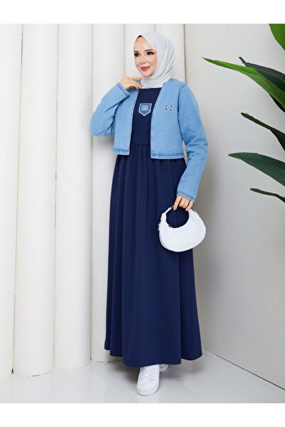 moda4b Two Yarn Cotton Long Dress Women's Two-Piece Set with Denim Jacket N-0...