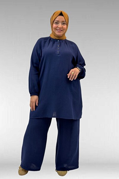 Eslina 67039 Büyük Beden Yarım Patlı Sıfır Yaka Müslin Pantolonlu Takım - Lac...