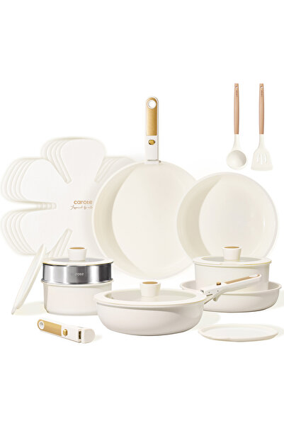 CAROTE طقم أواني طهي سيراميك مكون من 21 قطعة بمقبض قابل للفصل، طقم طهي صحي خا...