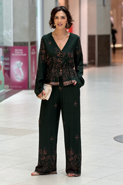 Nevin Kaya Moda Emerald Floral Pantalon Blouse Set