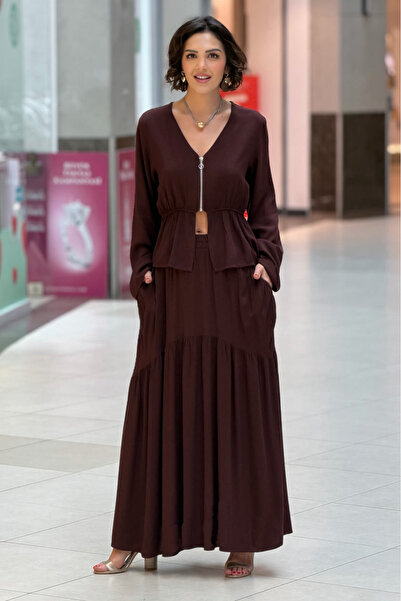 Nevin Kaya Moda Burgundy Color Zippered Bella Skirt Blouse Set