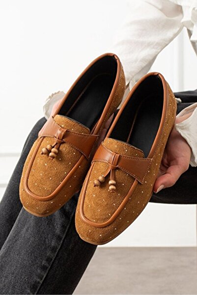 STOCON Padova Tan Mini Stone Tasseled Wooden Bead Detailed Suede Loafer Balle...