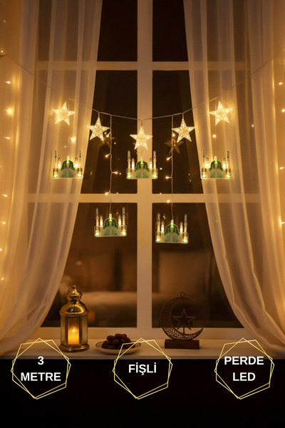 CMT YEŞİL CAMİ & YILDIZ 3MT FİŞLİ & EKLEMELİ RAMAZAN DEKOR PERDE LED