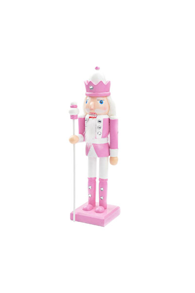 mutlu adım 25cm Kurşun Asker Ahşap Yılbaşı Dekoru Pembe Elinde Asa