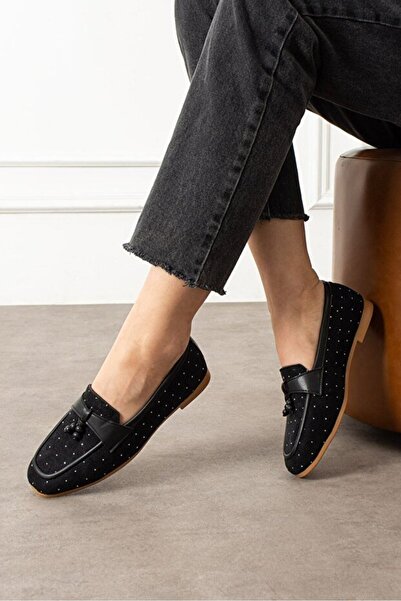 STOCON Padova Black Mini Stone Tasseled Wooden Bead Detailed Suede Loafer Bal...