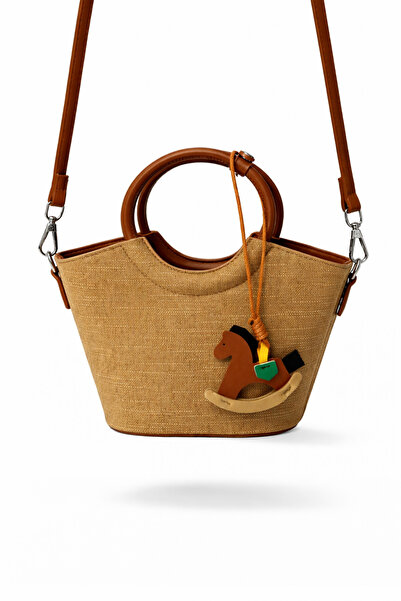 Mixray 2052 woven mini women's shoulder bag with touch charm accessory - beige