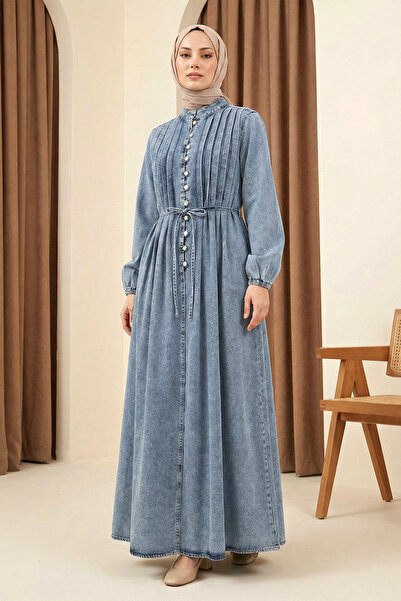 MODAQU Ribbed Detailed Buttoned Lace-Up Long Denim Dress - Ice Blue