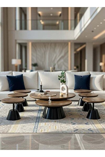 Generic 8-Piece Modern Floor Serving Table Set - Brown Wood Top with Black Ir...