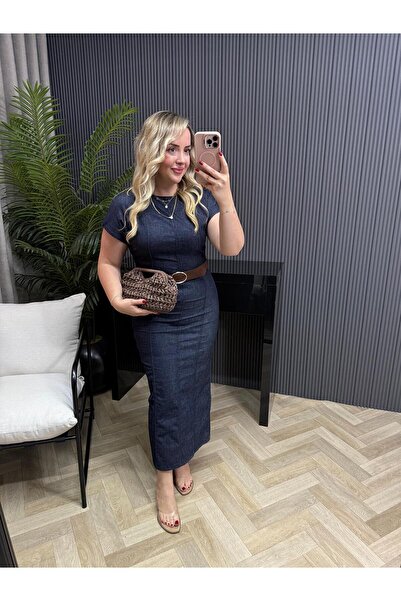 Byelifdursun Orj Marka Model Kısa Kollu Kemerli Denim Elbise