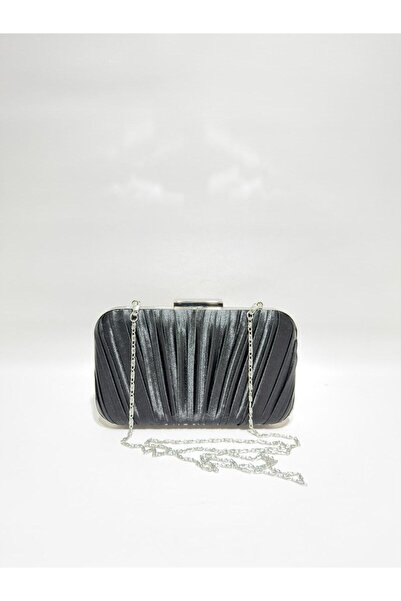 womenacs Black Color Satin Fabric Pleated Model Evening Dress Portfolio Clutc...