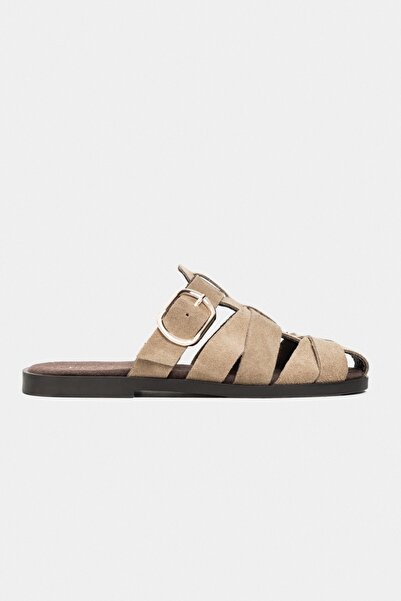 NİŞANTAŞI SHOES Honey Rome Beige Genuine Suede Buckle Detailed Flat Sole Wome...