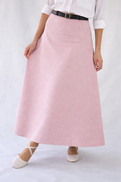 YAXİ Belt-Detachted Maxi Length Loose Pink Leather Skirt
