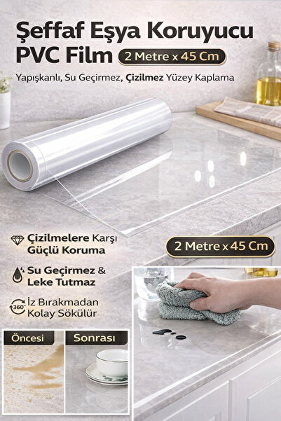 Hane Dostu Şeffaf Eşya Koruyucu PVC Film 2 Metre x 45 Cm – Yapışkanlı, Su Geç...