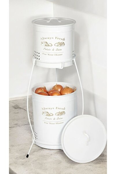 FeyzaDesign İki Katlı Beyaz Metal Sebzelik, Patates ve Soğanlar İçin Pratik S...