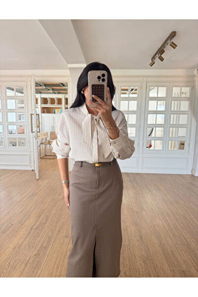 FEMMESTUDIO Women's Beige Striped Shirt with Scarf