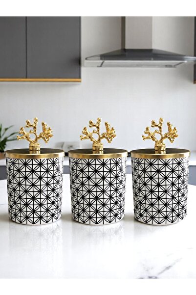FeyzaDesign Şık Siyah Silindir Baharatlık Seti 3'lü, 750 ml, Gold Detay, Fera...