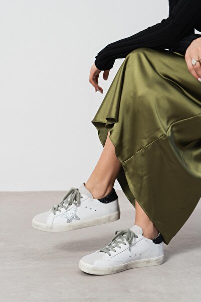 NİŞANTAŞI SHOES Stary White Matte Glitter Detail Lace-Up Women's Casual Shoes