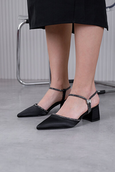 Stil Durağı Ec231 Model 5 cm Heel Stone Detailed Evening Dress Heels Siy.Saten