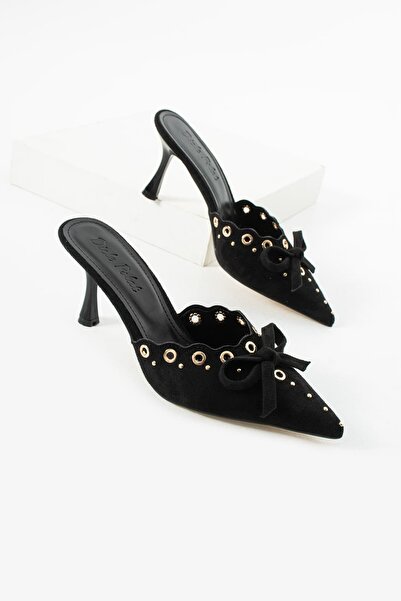 diclepolat Women's Black Pointed Toe Heeled Slippers with Bow and Metal Detai...