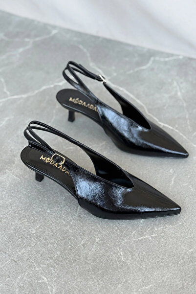 MODAADAM Women's Runva Thin Short Heeled Shoes - Black-Patent Leather