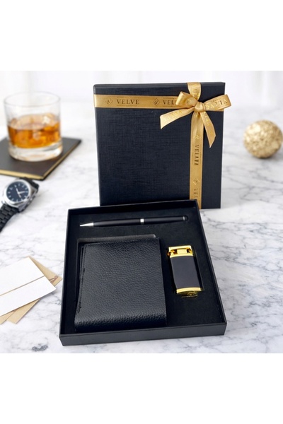 velve Men's gift set: eco- Leather Wallet , elegant pen and lighter, in premi...