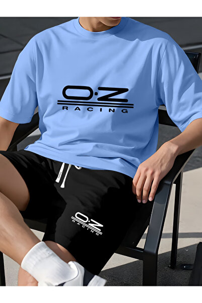 ibibik moda Men's White Patterned Vertical Printed Oversize Tshirt Shorts