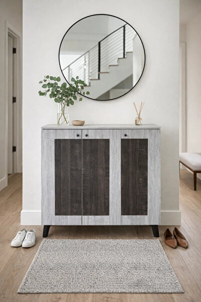 MARIA HOMES Stylish Grey Wood Shoe Cabinet with Dark Accents 3-Door Entryway ...
