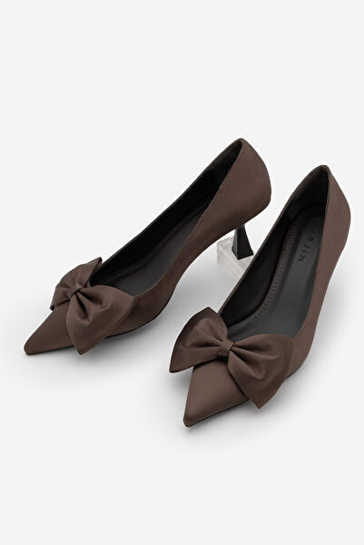 Marjin Women's Pointed Toe Bow Detailed Stiletto Heeled Shoes Esilas Brown Satin