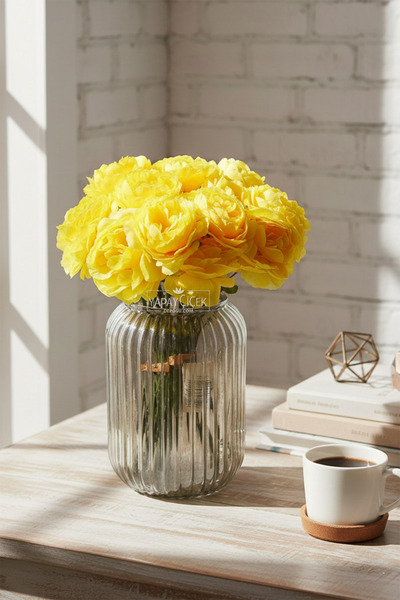 Yapay Çiçek Deposu Artificial Flower 7-Piece Tea Rose Bunch 30 cm Yellow