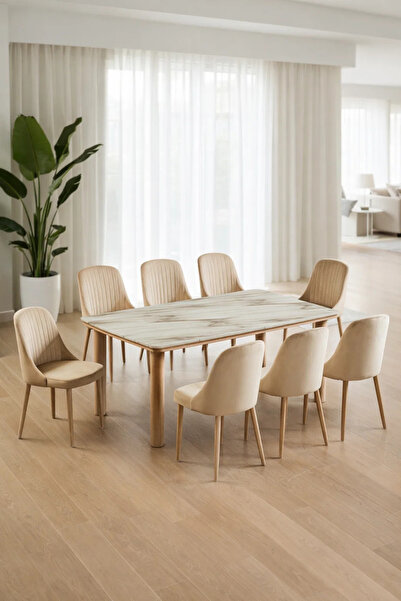 MARIA HOMES Elegant 9-Piece Dining Room Set with Marble Pattern Table and Eig...