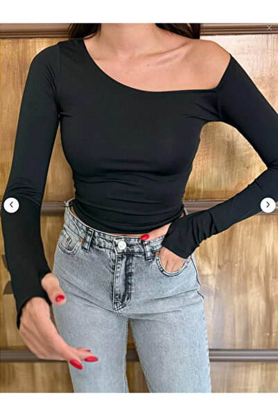 Boi Women's Black Asymmetrical Cut Finger-Loop Detailed Blouse - Body-Hugging...