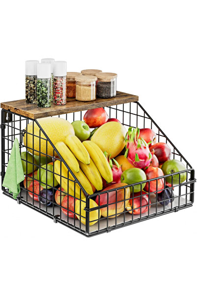 OEM Metal fruit and vegetable storage basket, hanging, wooden shelf and fixin...