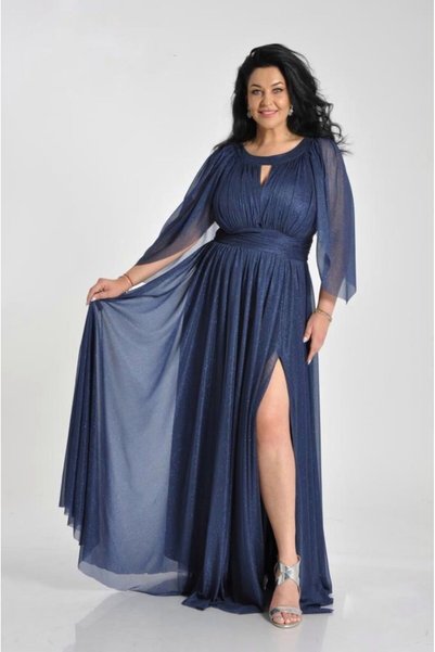 ANAIL Fashion Rochie lunga bleumarin din voal cu fir stralucitor si maneci vaporoase