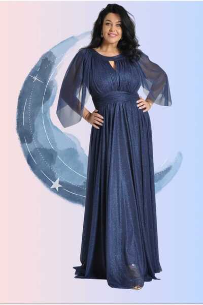 ANAIL Fashion Long navy blue dress made of voile with shiny thread and puffy ...