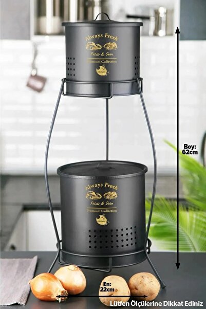FeyzaDesign İki Katlı Siyah Patates ve Soğan Kovası Sepeti Kapaklı, Ekonomik Boy