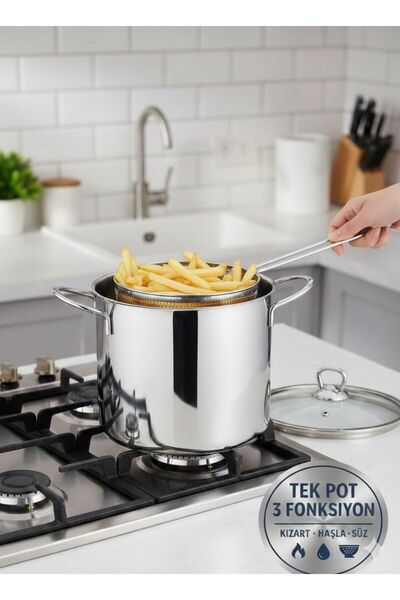 SİERA STEEL Süzgeçli Çelik Kızartma ve Haşlama Tenceresi 2L – 304 Paslanmaz