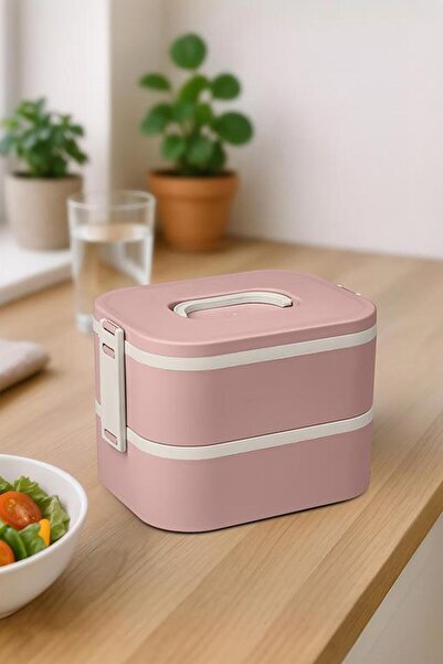 Genel Markalar Paslanmaz Çelik 2 Katlı Lunch Box Pembe, Çatal ve Kaşıklı, Pra...