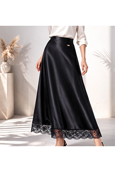 memetti m şekil Women's Black Lace Detailed Show Satin Midi Skirt