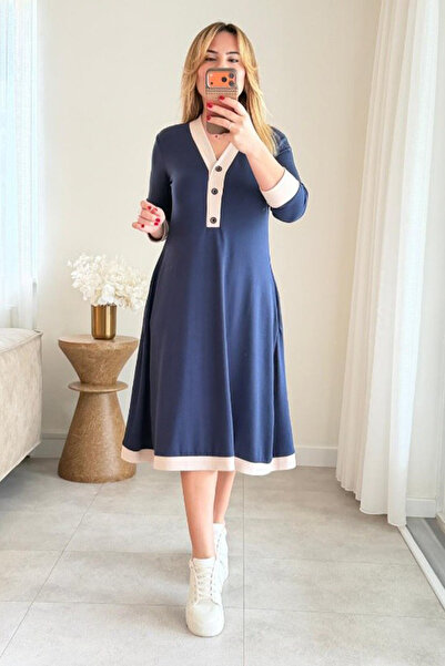 AYASOFYA OTANTIK Women's Navy Blue Buttoned V-Neck Midi Dress