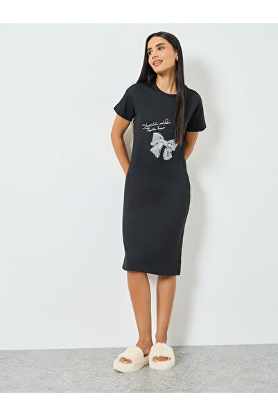 Take Two By Styli Black Printed Short Sleeve T-Shirt Dress
