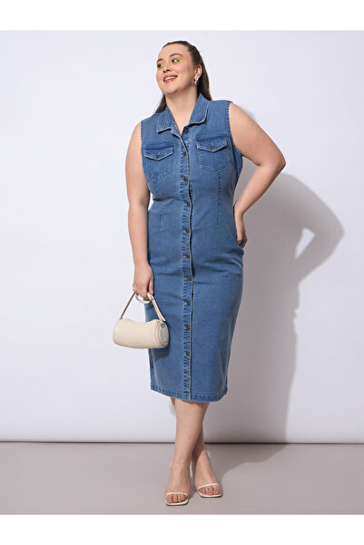 Sassafras By Styli Plus Size Blue Denim Sleeveless Shift Midi Dress